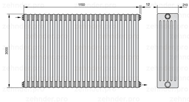 Схема (чертеж) Радиатор Zehnder Charleston 6300/25 №1670 Белый глянцевый RAL 9016